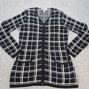 Vintage 90s JONES & CO Plaid‎ Cardigan Small Black Cream White Zip Pockets Knit